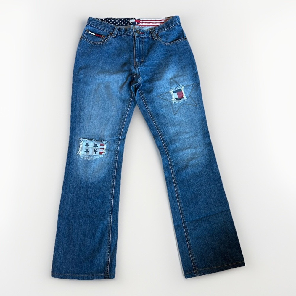 Vintage Tommy Jeans‎ Low Rise Boot Cut Flare Denim 5 2000s Distressed Patched